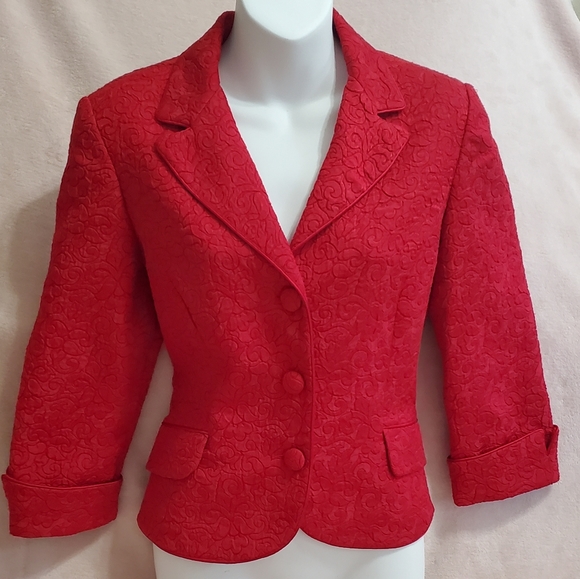 Like NEW Maggy London 2 Piece Primary Red Matelassé Skirt Suit Sz 6 - Picture 3 of 15